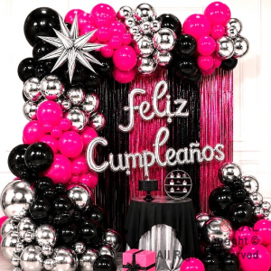 SET DE GLOBOS ARCO XL FELIZ CUMPLEA�OS NEGRO PLATA Y FUCSIA (GY 7912) 77 UNIDADES